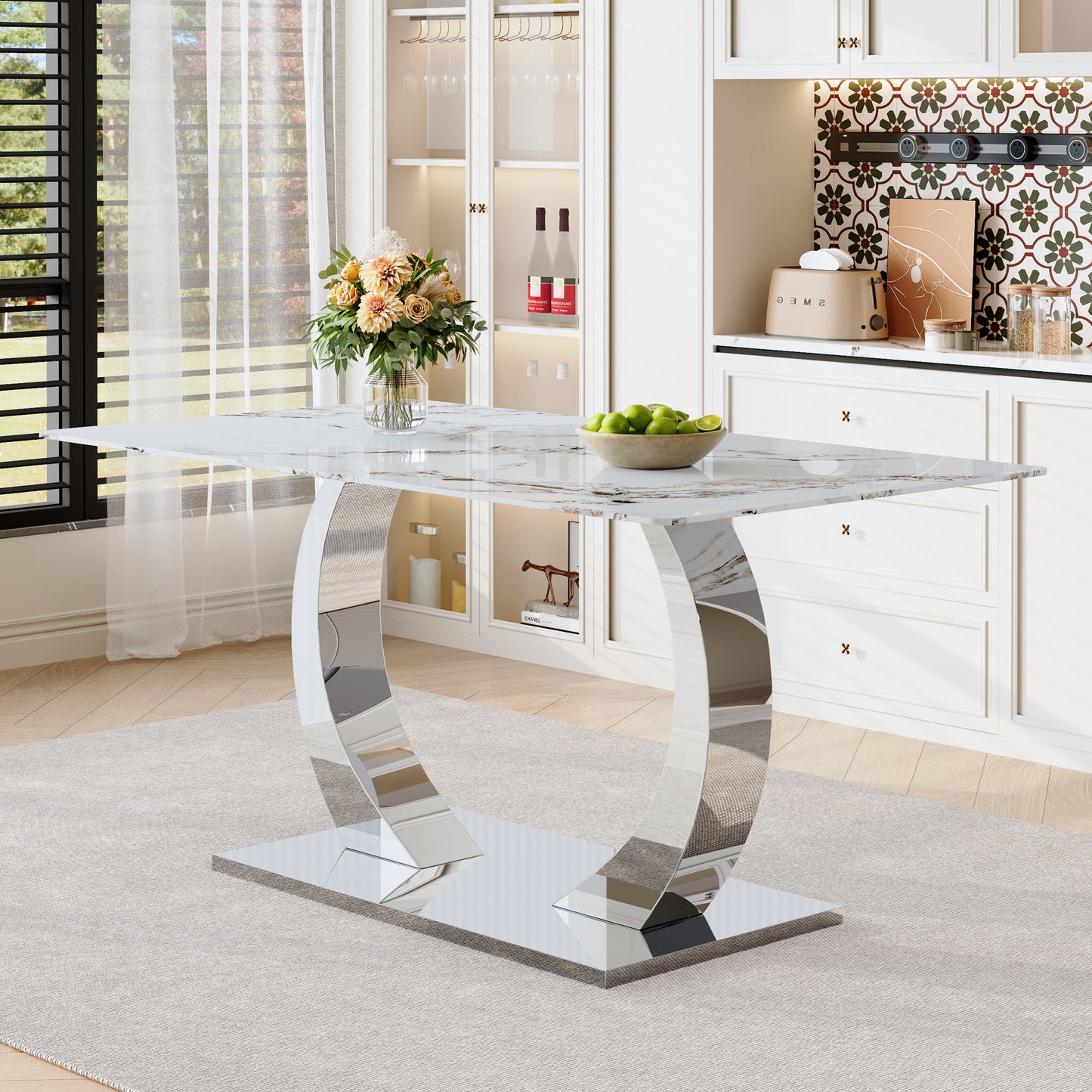 Transformable Heavy-Duty Stainless Steel Base In Silver 63in X 35in Dining Table Luxury Pandora White Pattern Tempered Glass Rock Top For Kitchen Dining Room