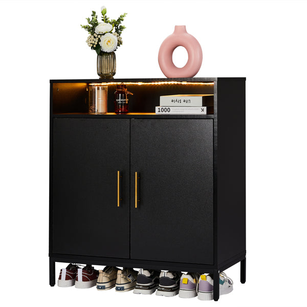 Double Door 6-Layer Shoe Cabinet With High Foot LED Lights Particle Board 80x38x90cm Black