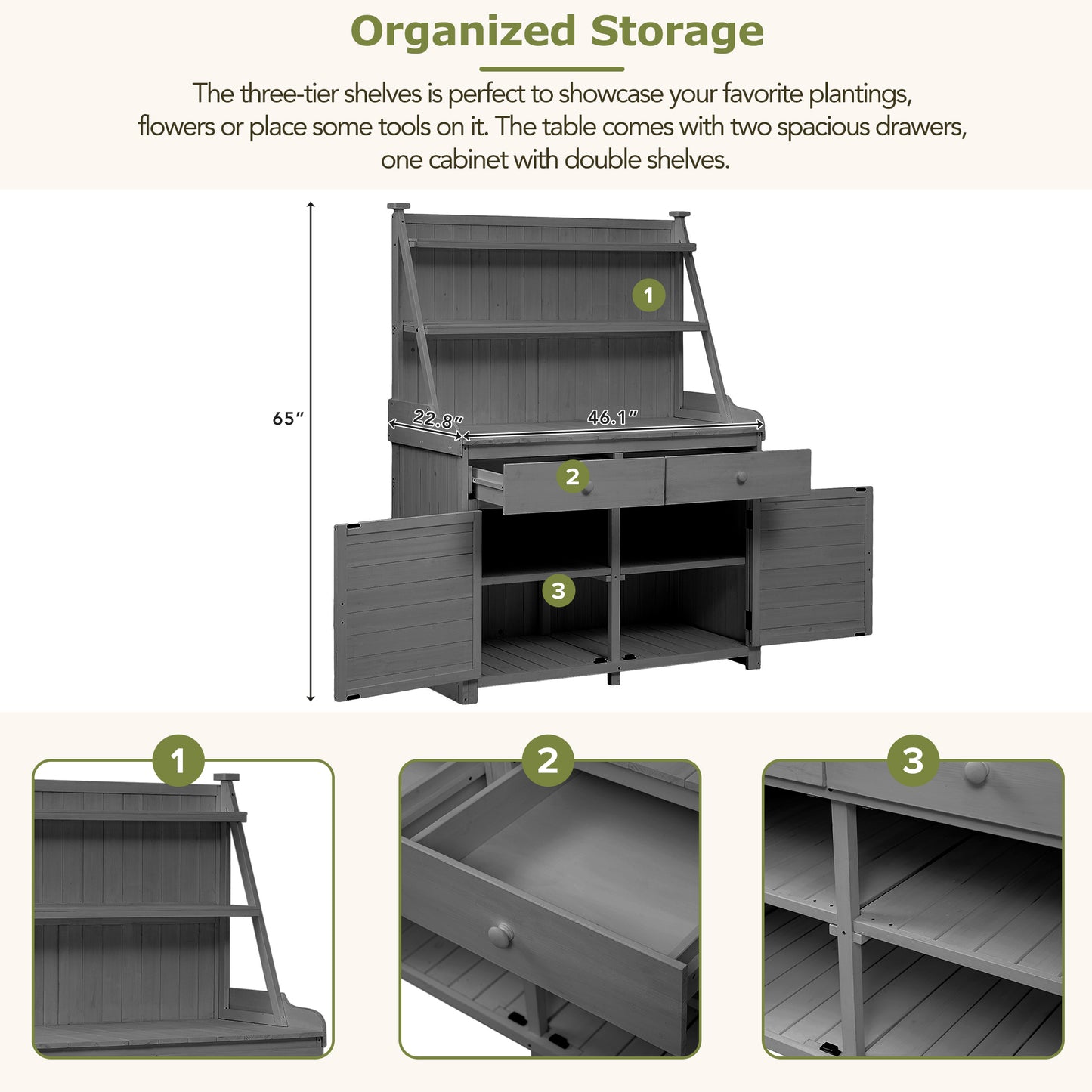 TOPMAx 65inch Garden Potting Bench Table Fir Wood Workstation With Storage Shelf Drawer And Cabinet Gray