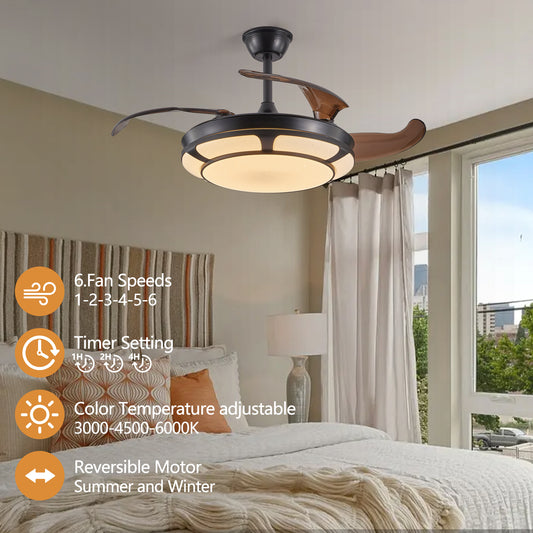 42 Retractable Ceiling Fan With Light, Modern LED Chandelier Fan With Remote Control, 6 Speed Adjustable Blades, Quiet DC Motor, Dimmable Lighting For Living Room, Bedroom, Dining Room
