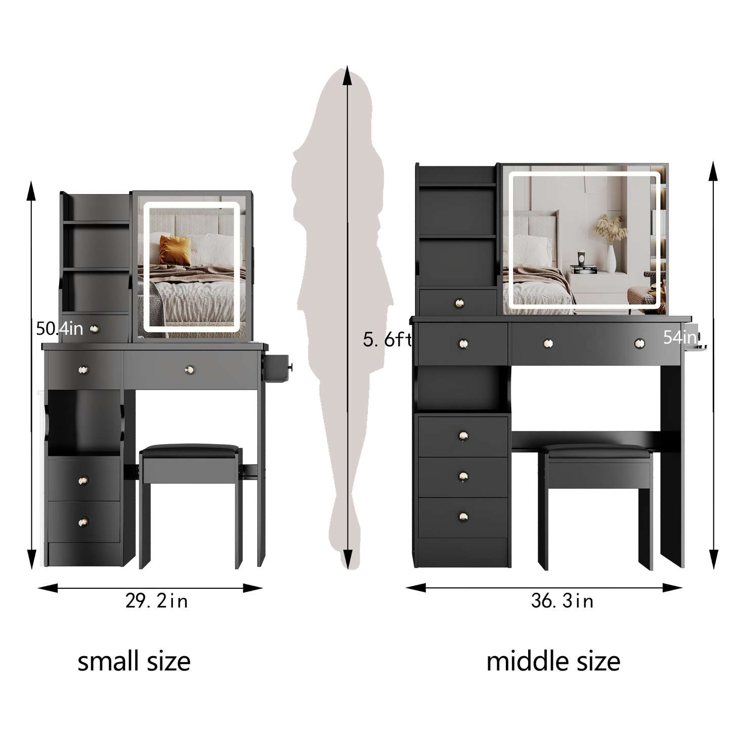 29.2 Small Size Drawer Desktop Vanity Table Cushioned Stool, 2 AC-2 USB Power Station, Hair Dryer Bracket, Extra Large Touch Control Sliding LED Mirror, 3-color Switching, EPA, GCC, UL Certificate
