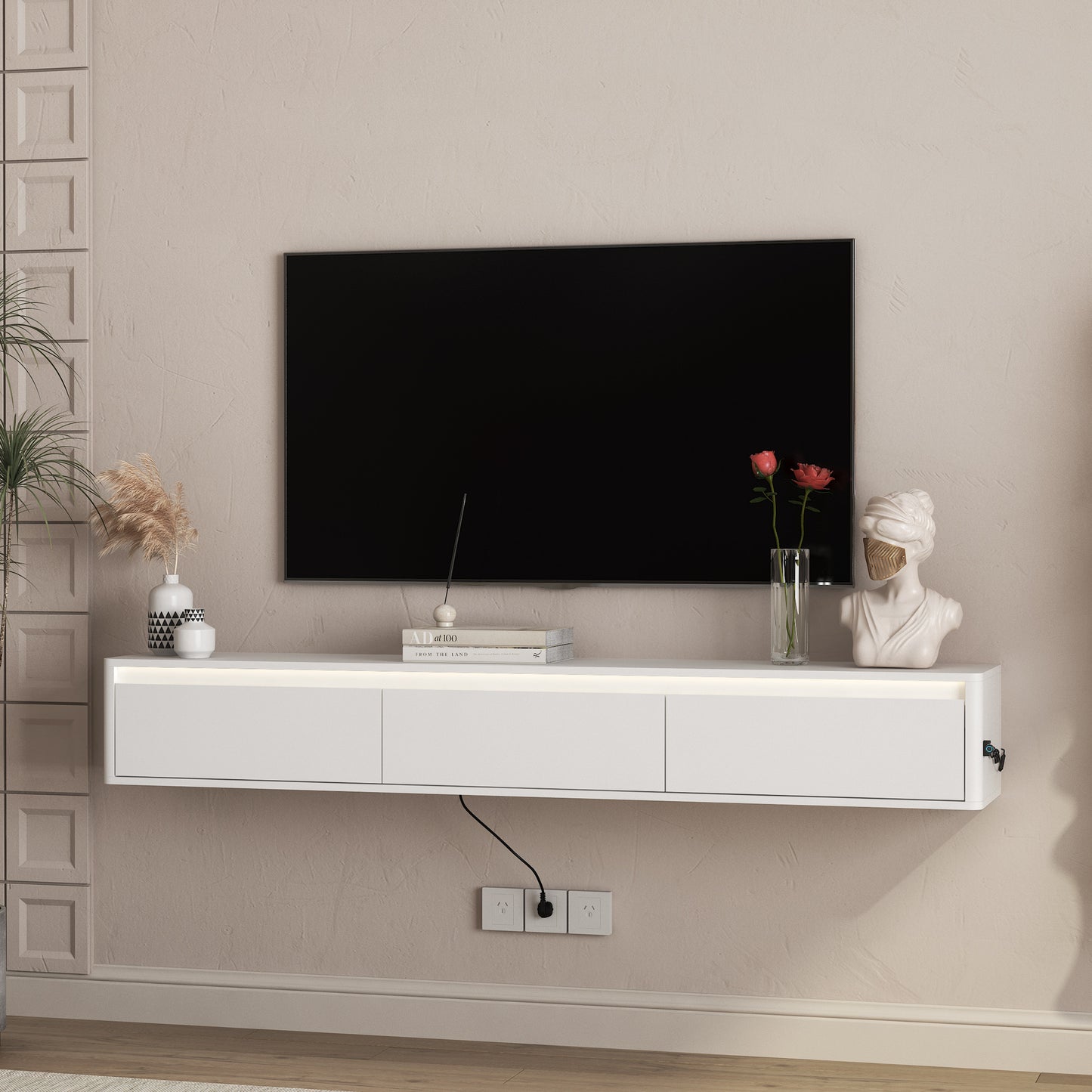 Floating TV Stand, Wall Mounted TV Shelf With Led Lights & Power Outlet,Cabinet For White Tv Stands For Living Room