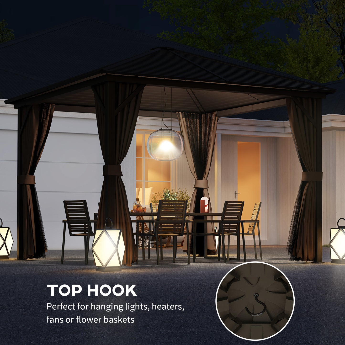 10 X 10 Hardtop Gazebo Canopy, Permanent Pavilion With Hook, Curtains, Aluminum Frame For Patio, Garden, Dark Brown