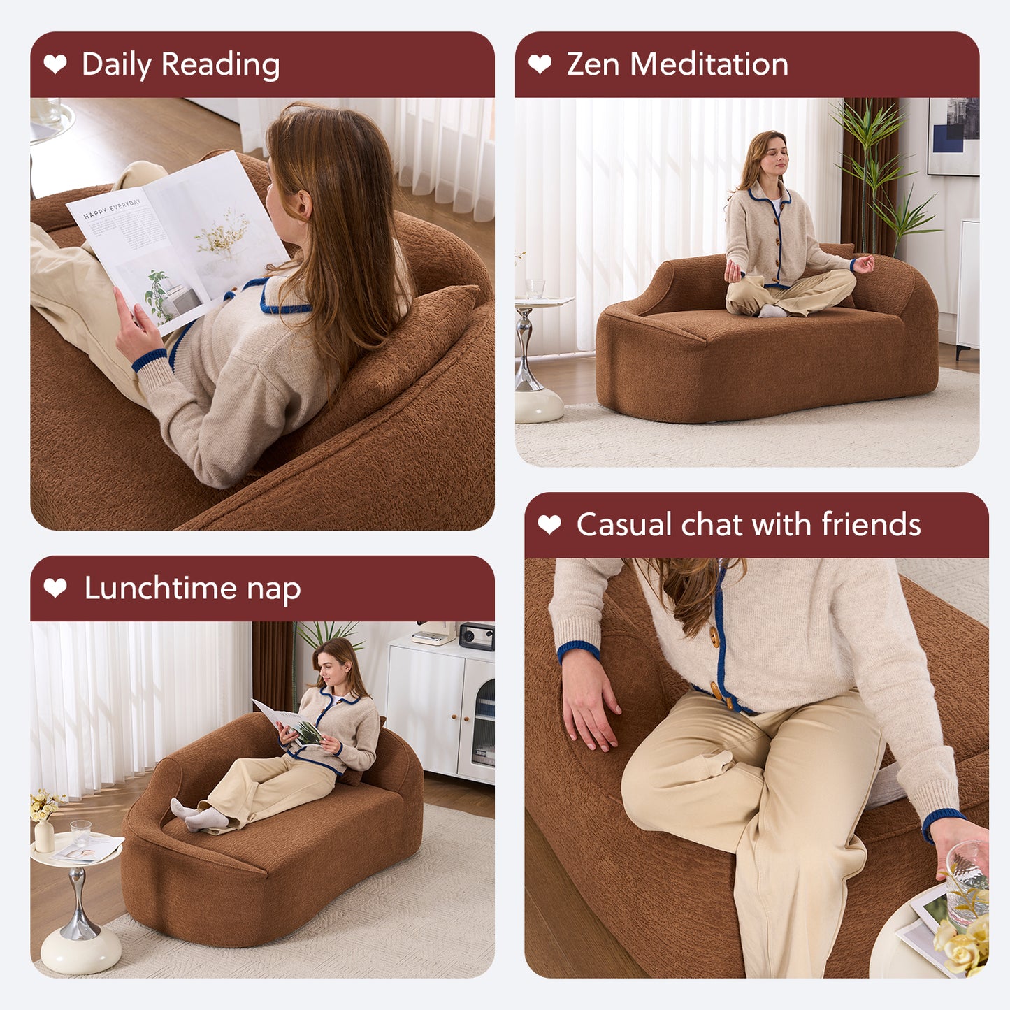 LY-048 Compression Curved Chaise Longue Chair Indoor Modern Chenille Loveseat Couch With Deep Seat Sofa Bed With 1 Pillow Sleeper Sofa Couch For Living Room Bedroom Apartment.Caramel.