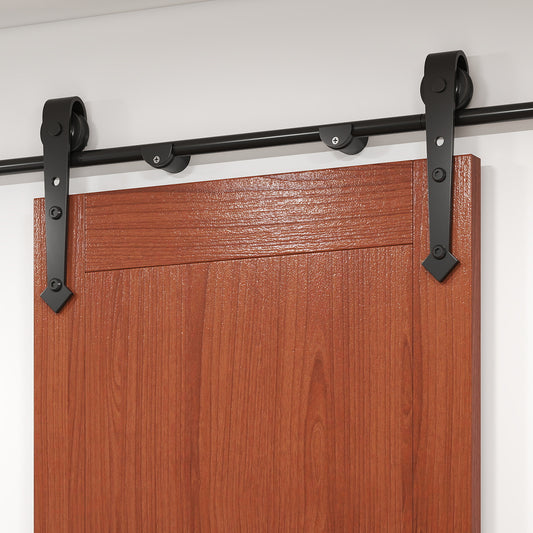 6FT Barn Door Hardware Kit Heavy Duty Sliding Door Track Kit With Floor Guide For Interior Exterior Fit 30-32in Wide Panel Sword Style J Shape Hanger