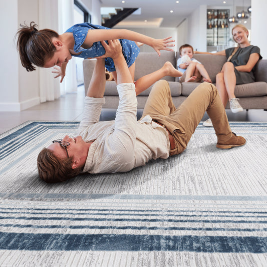 MARFI 5X7 Blue Ivory Bordered Area Rug