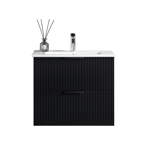 24 Inch Bathroom Vanity Cabinet With Ceramic Sink - Black Wall Mounted Floating Fluted Vanity With Drawers Modern