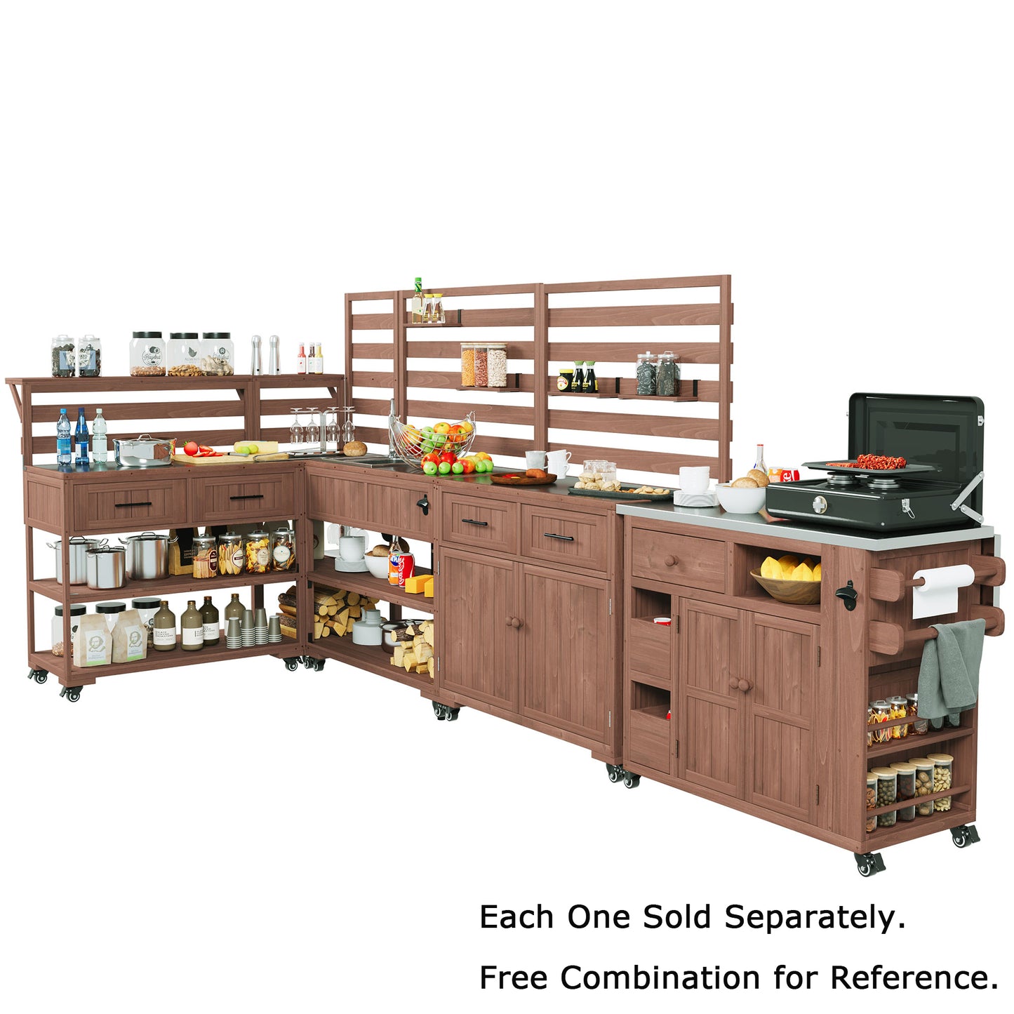 With Assembly Video TOPMAx 41.7 Large Patio Rolling Kitchen Island Solid Wood Kitchen Cart With Sink Garden Potting Bench With Stainless Table Top 2 Movable Shelves And 1 Bottle Opener Brown