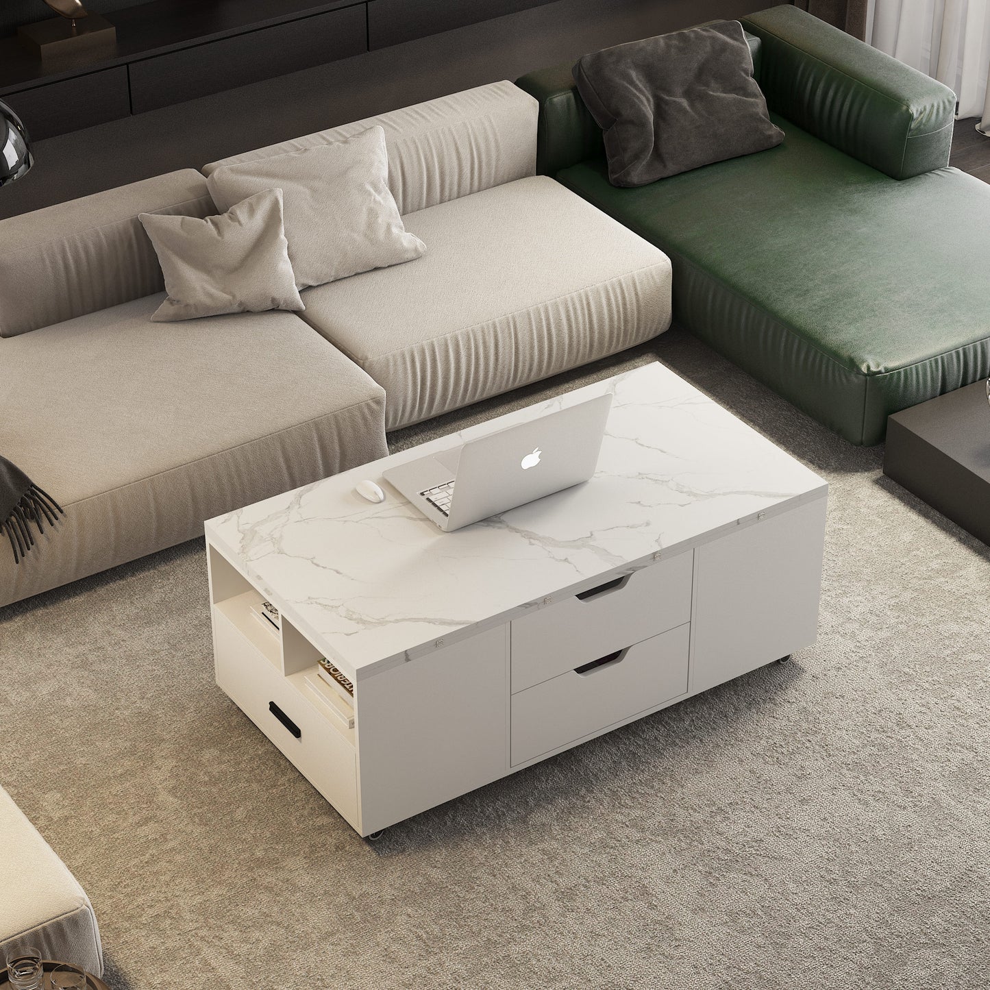 Modern Lift-Up Coffee Table With 2 Stools Set For Living Room Expandable Hidden Storage Drawers Space Saving Folding Dining Table
