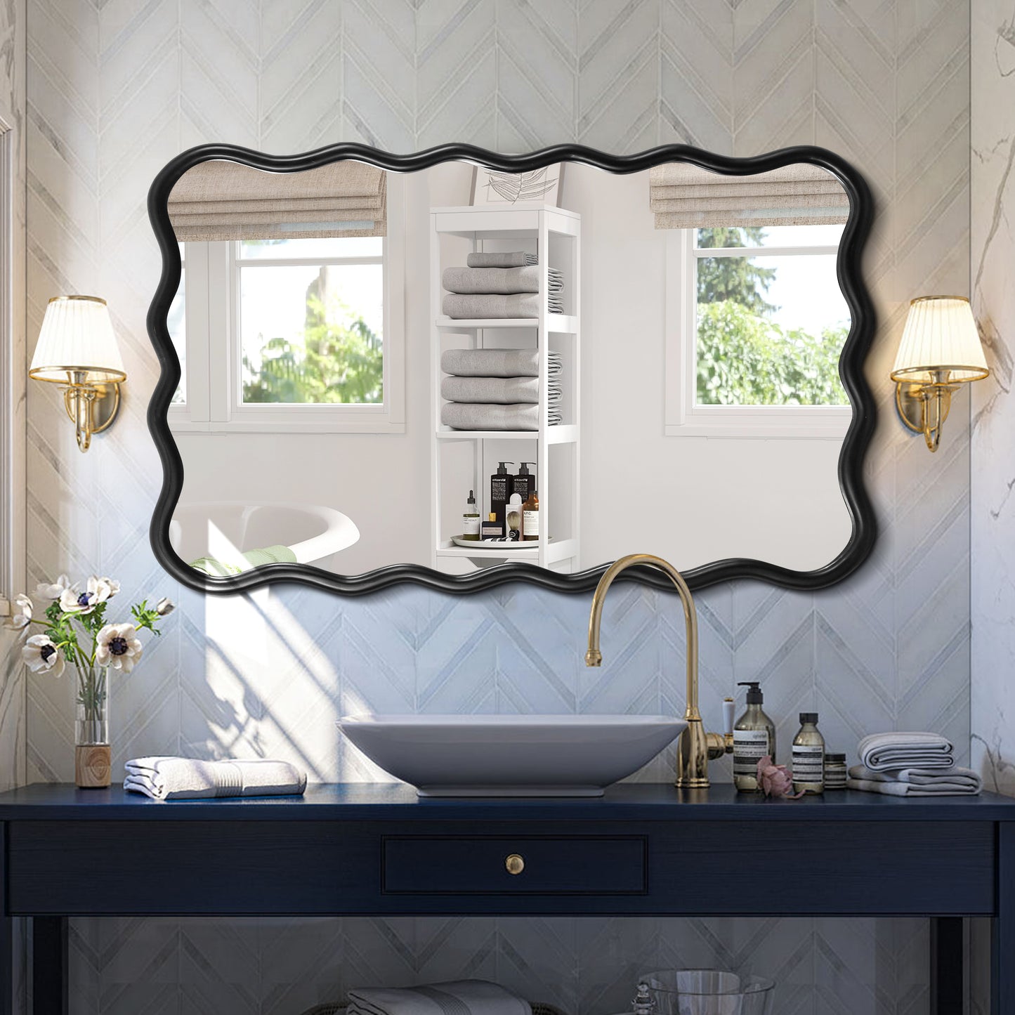Solid Wood Wavy Rectangle Mirror-Black 40 X 28 Modern Mirror Wall Decor For Bathroom, Bedroom, Living Room, Dining Room, Cloakroom, Entryway