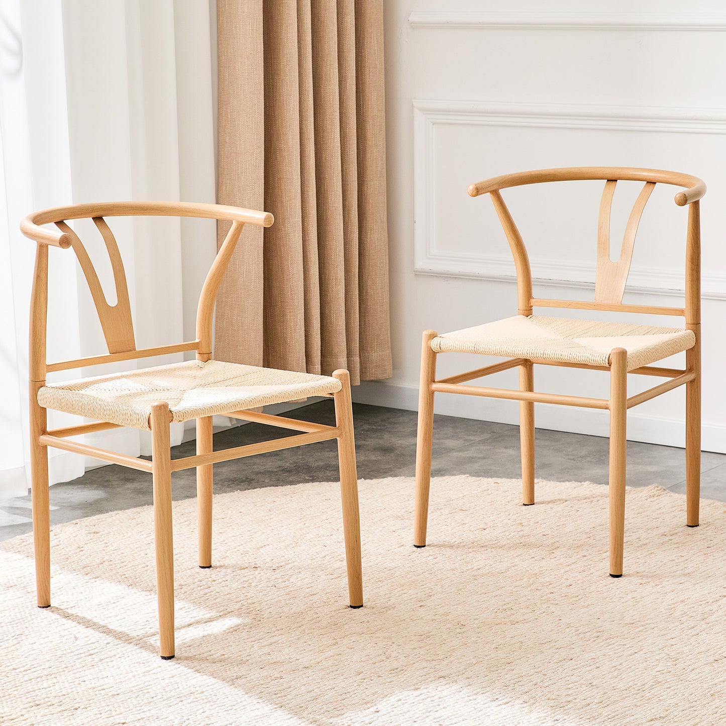 Wesborn Chair-Y-shaped Medieval Style Armchair For Dining Table, Woven Seat Natural Wood Color Ironwork Natural Rope Pattern, Set Of 2