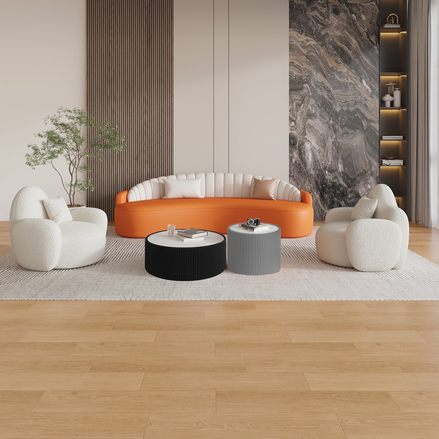 Light Sintered Stone Top Cylinder Shape Leather Coffee Modern Sofa Table For Living Room Furniture Each Tabletop Has A Unique Gold Pattern