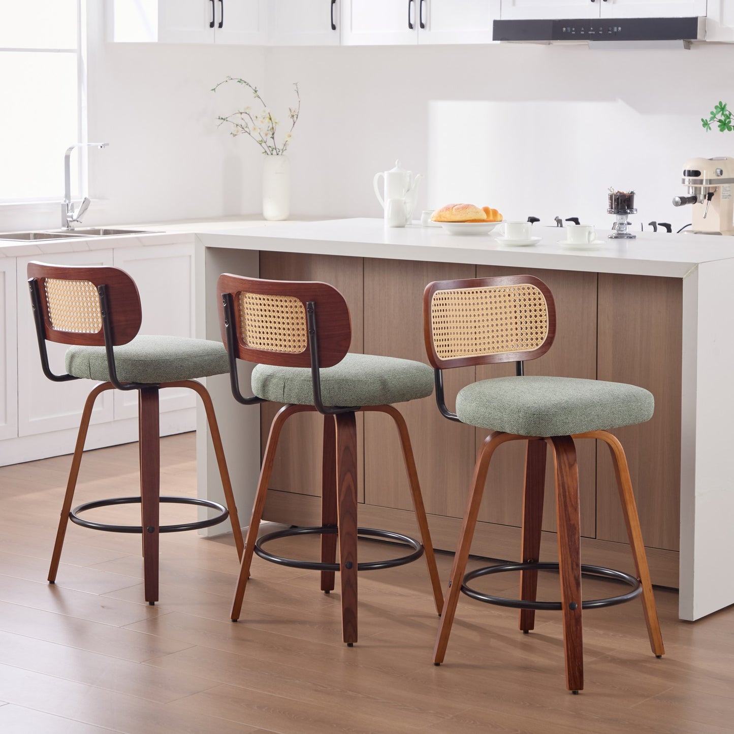 Set Of 3, 26-Inch Counter Height Bar Stools - Walnut Black, Cane Rattan Back, Light Green Linen Upholstered Seat, Swivel Design For Kitchen Island Bar Counter,SW3766OL