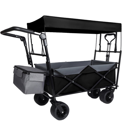 With Push Handle 480Lbs Collapsible Wagon With Canopy Wagon Cart With 7 All- Terrain Wheels Lightweight Foldable Wagon Large Capacity For Camping Shopping Sports And Garden Use Black