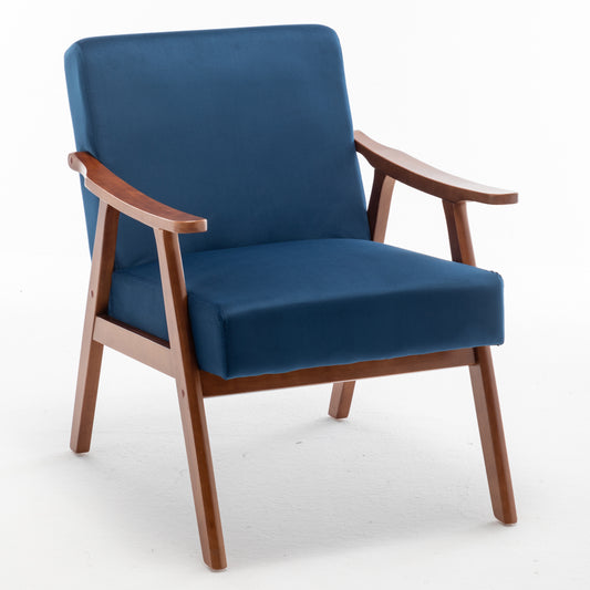 Accent Chair With Velvet Upholstery And Solid Wood Frame, Classic Mid-Century Modern Living Room Furniture For Extra Seating, Dark Blue