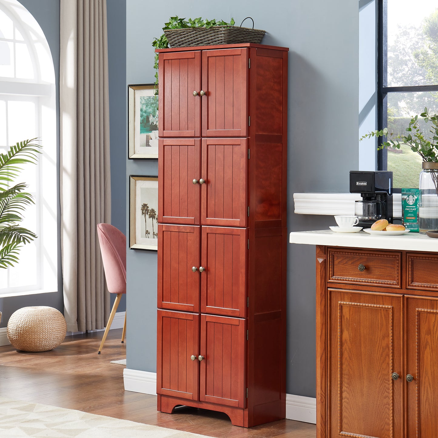 72.4 Tall Storage Cabinet Tall Storage Cabinet With 8 Doors And 4 Shelves ,Bookshelf Living Room, Kitchen, Dining Room, Office Freestanding Storage Cabinet,Cherry