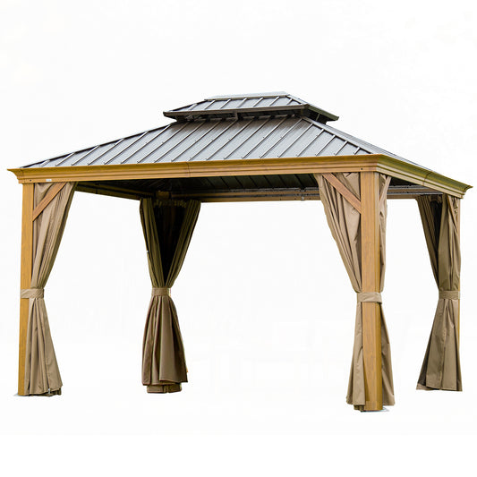 12 X14 Hardtop Gazebo, Wooden Coated Aluminum Frame Canopy With Galvanized Steel Double Roof, Outdoor Permanent Metal Pavilion With Curtains And Netting For Patio, Deck And Lawn Wood-Looking