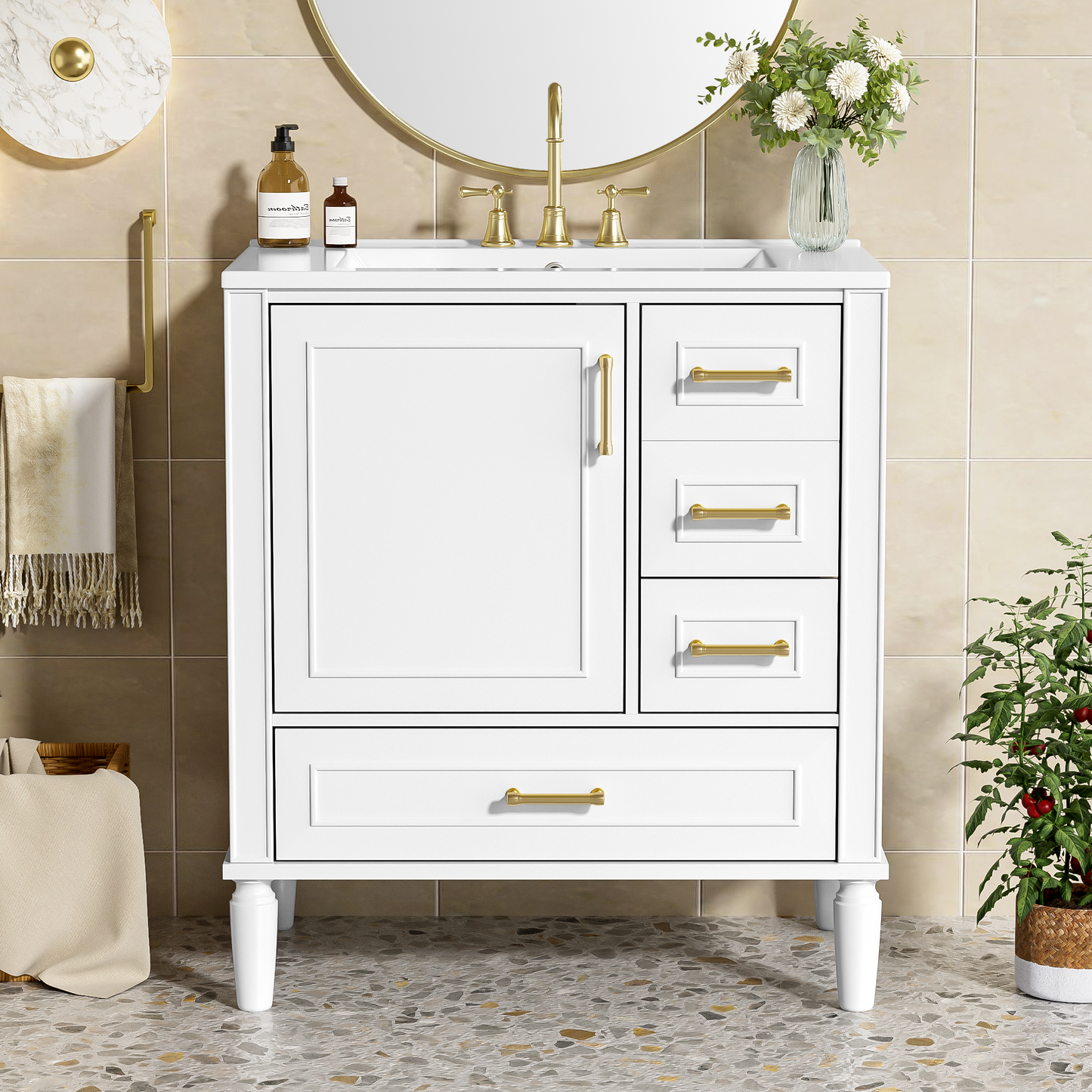 30 Bathroom Vanity With Ceramic Sink, Soft-Close Door With Built-in Shelf, Deep Drawer, Standard Drawer, Long Divider Drawer, Ample Storage Cabinet For Bathroom, Modern & Functional Design