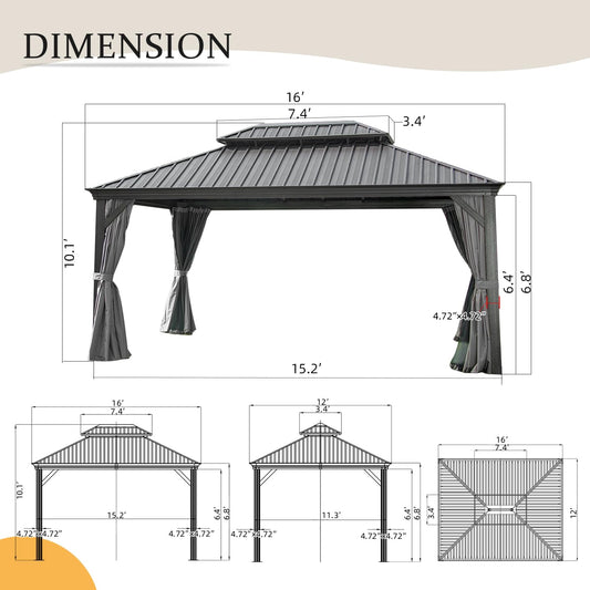 12 X 16 Hardtop Gazebo Outdoor Metal Gazebo With Galvanized Steel Double Roof Canopy, Aluminum Frame, Curtains And Netting For Patio, Deck, Garden, Grey