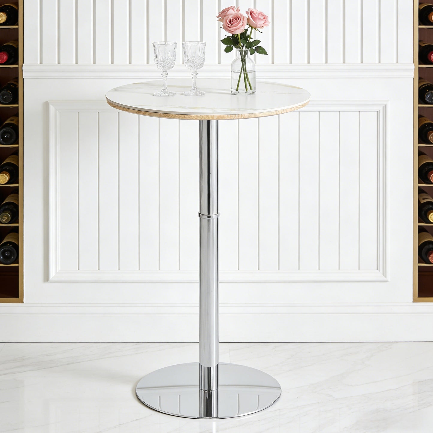 Rock Slab Circular Tabletop Non Adjustable 39 Inches High Bar Table, Bar Table With Silver Legs And Base White