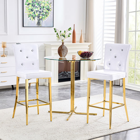 A Set Of 2 White And Gold Vintage Crocodile Leather Bar Chairs, Featuring Crystal Clasp Design And Synthetic Leather Design, Adding A Touch Of Elegance And Mystery To The Dining Area