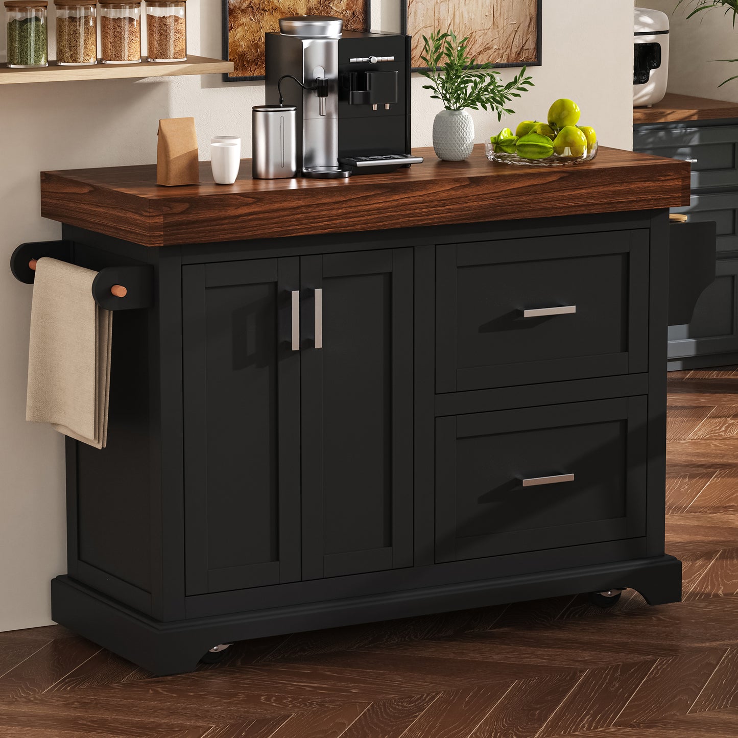 K&K 53 Large Kitchen Island With 3.5 Thick Desktop, Spice And Towel Racks, Rolling Kitchen Island With Storage On 5 Wheels, 2 Extra Large Drawers, For Home, Kitchen, Dining Room, Black
