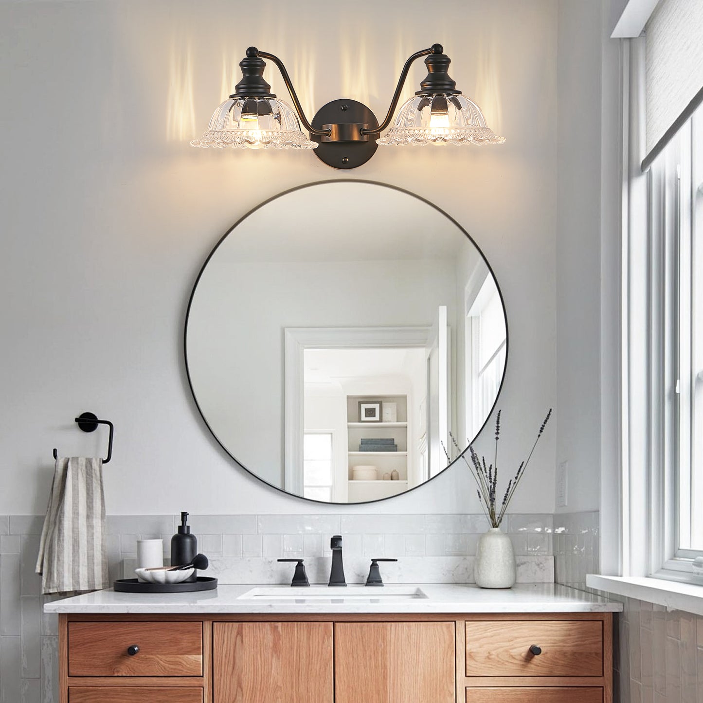 20 Inch 2-Light Vintage Bathroom Wall Sconce -- Elegant Black Metal And Glass Lampshade Vanity Light Fixture For Bathroom, Hallway, Or Bedroom Bulb Not Included