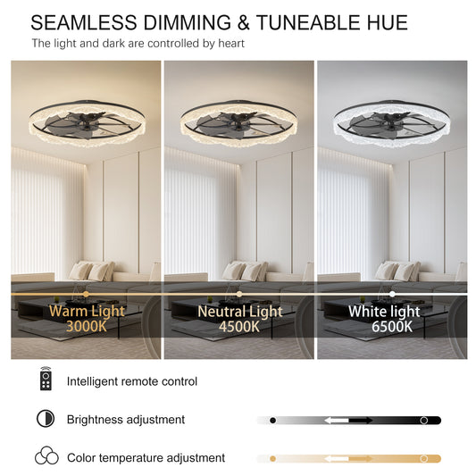 24 Decorative LED Ceiling Fan Light Modern Flush Mount With Acrylic Ring, Hidden Blades, Remote Control, And Dimmable Light For Stylish Homes Black