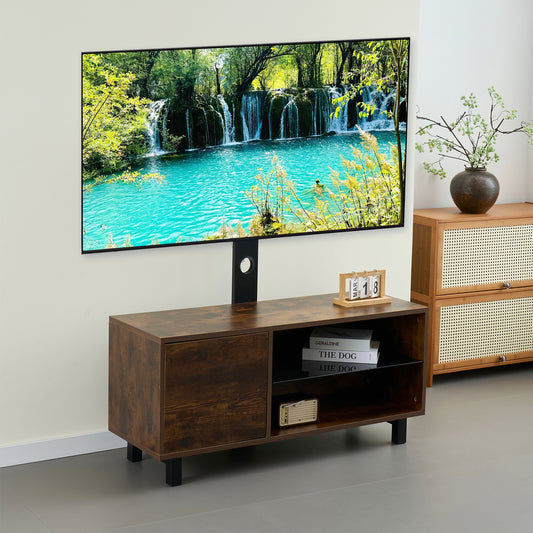 Rustic Brown TV Console With Push-to-open Storage Cabinet For TV Up To 65in Wood &glass TV Stand For Living Room Bedroom