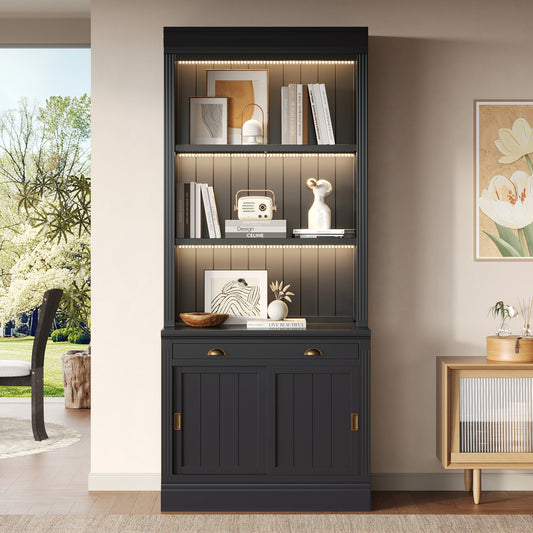 83.4Tall Bookshelf With With 3 Pieces LED Lighting, Modern Bookcase With Sliding Doors And Open Shelves,Storage Bookshelf For Living Room,Home Office,Black