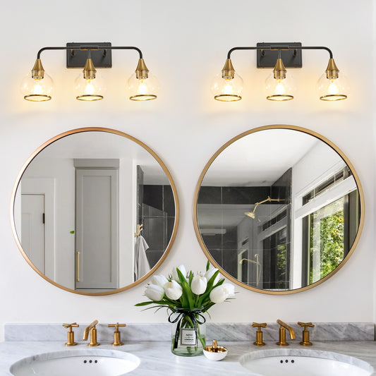 23 Modern 3-Light Vanity Wall Sconce - Black And Gold Bathroom Light Fixture With Clear Glass Shades, Industrial Wall Mounted Lamp For Mirror, Vanity, And Living Spaces Bulb Not Included