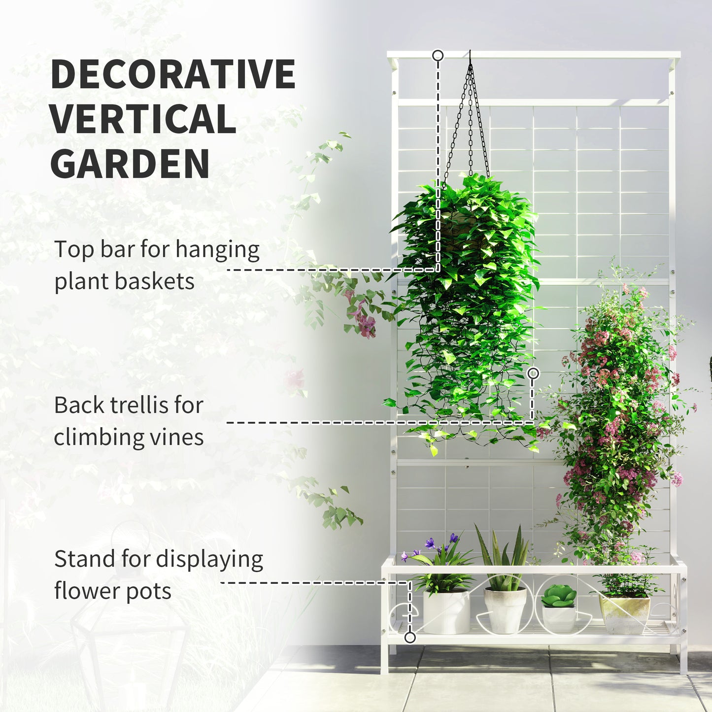 Metal Tall Plant Stand With Trellis And Hanging Bar, Plant Holder For Indoor Outdoor Use, 35" X 12.8" X 74", White