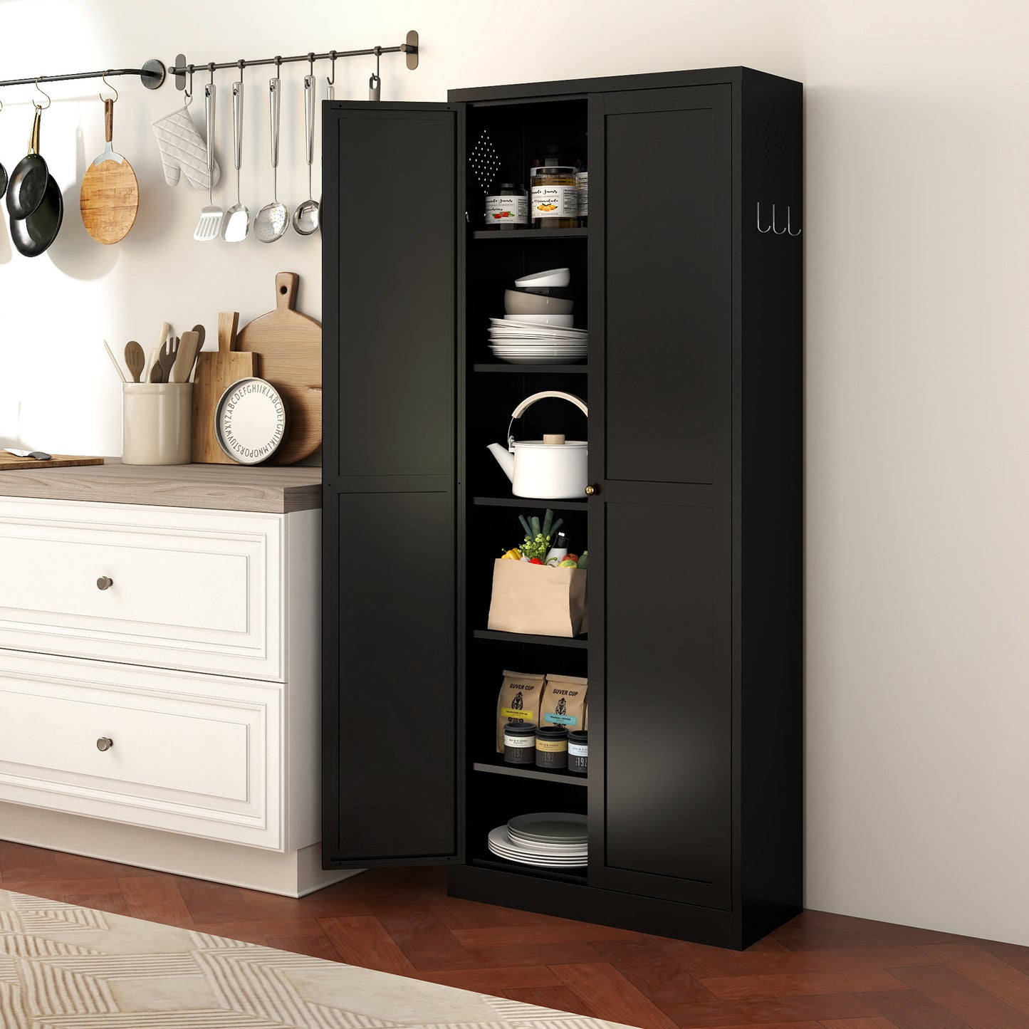 72 Black Metal Kitchen Pantry Cabinet With Doors, Heavy-Duty Freestanding Storage Organizer With 5 Adjustable Shelves, Tool-Free Assembly For Pantry, Kitchen, Bathroom