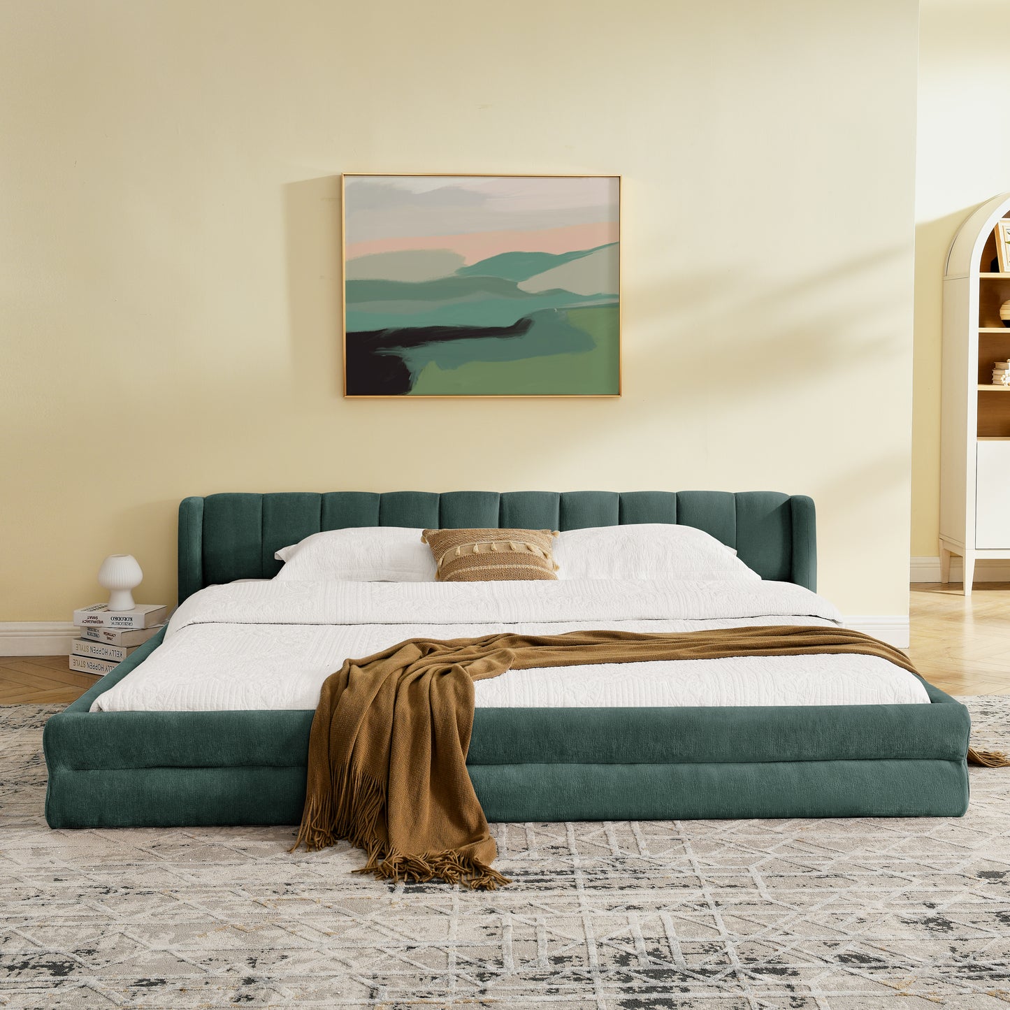 King Size Upholstered Bed Frame With Thick Fabric, Comfortable Upholstered Bed Frame, Chenille Fabric, With Headboard And Solid Bed Frame-Blue Green88x87x23