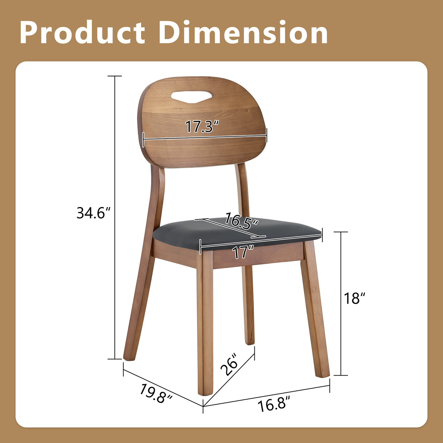 2 Walnut Colored Solid Wood Dining Chairs, Black PU Soft Seat Cushions, Hollowed Out Backrests, And Home Dining Chairs.