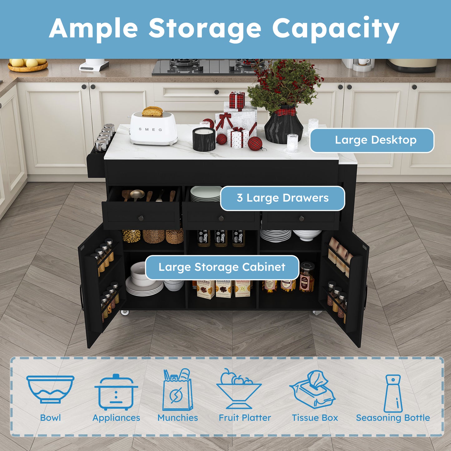 74.8 Kitchen Island With Extendable Dining Table Marble Veneer Top & Built-in Power Outlet - Mobile Storage Cart With 3 Drawers & Cabinet Rolling Kitchen Cart For Dining Room Black