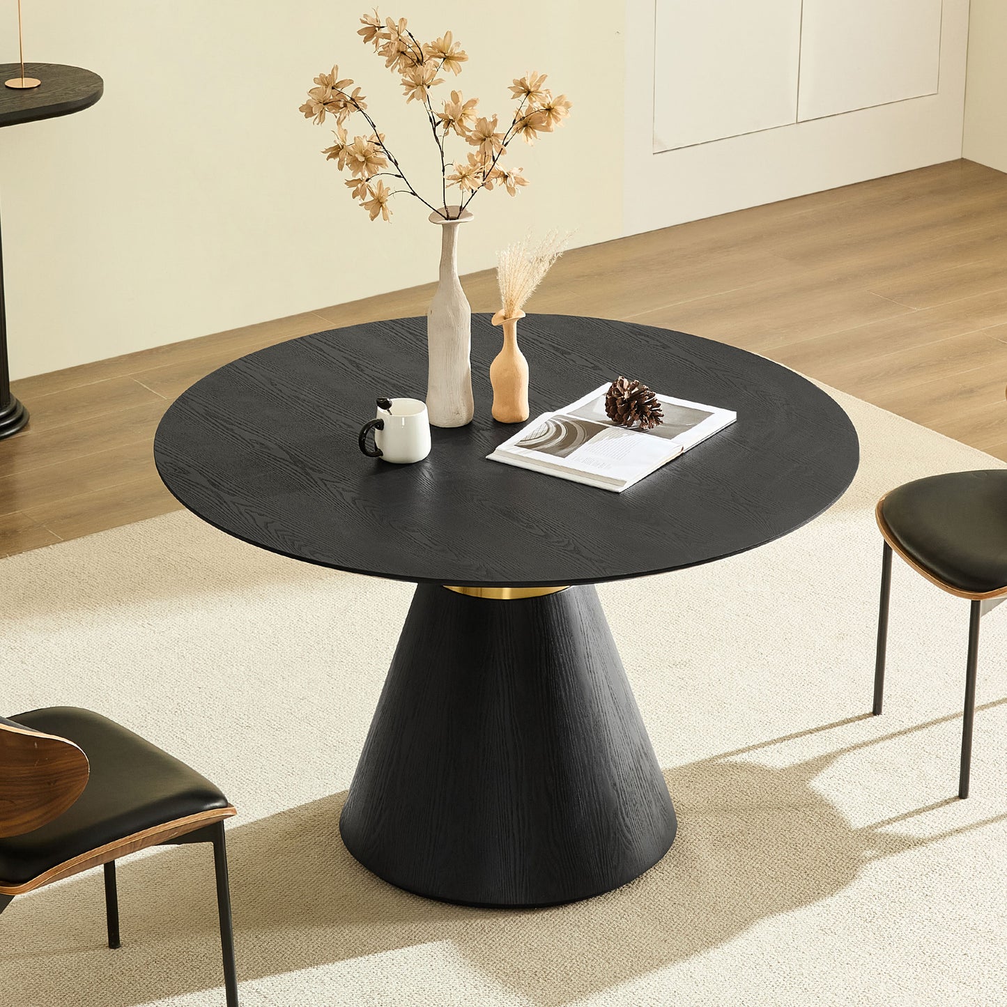 47.24 Round Dining Table Modern Kitchen Table Black Pedestal Base With Gold Trim Ring, Stylish Glam Dining Room Furniture
