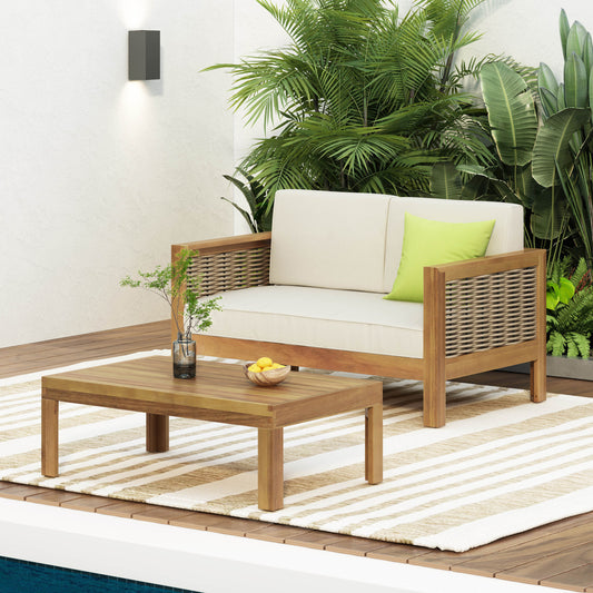 Outdoor Acacia Wood And Wicker Loveseat And Coffee Table Set With Cushions, Teak Beige