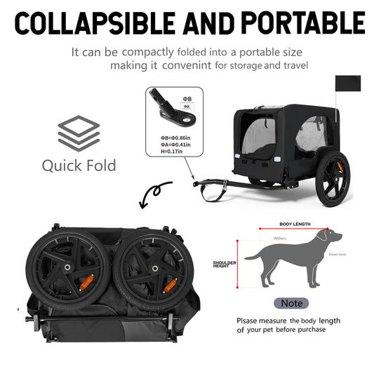 Outdoor Heavy Duty Collapsible Pet Bike Trailer With 16-Inch All-Terrain Wheels & Universal Hitch - Foldable Dog Cargo Carrier Cart For Bicycles, Black