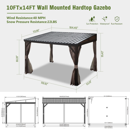 10x14FT Lean To Hardtop Gazebo With Gutters, Outdoor Wall Mounted Gazebo With Metal Roof