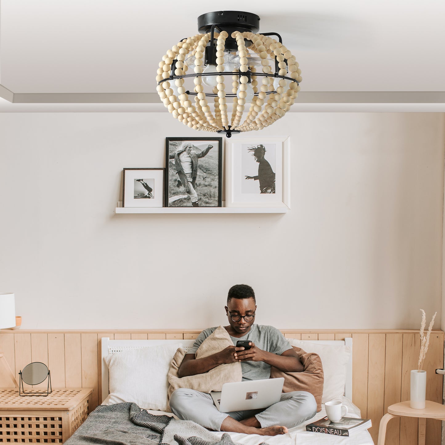 18 Bohemian Wood Beaded Ceiling Fan With Light, Flush Mount Caged Ceiling Fan, Rustic Farmhouse Low Profile Fan Light Fixture For Indoor Home Decor Silent 6-Speed Reversible DC Motor No Bulbs