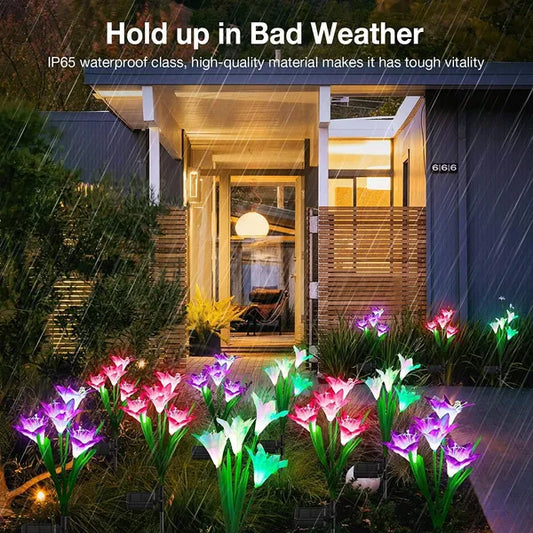 Outdoor Solar Lights, 4 Pack Solar Garden Light With Bigger Lily Flowers, Waterproof 7 Color Changing Solar Lights Outdoor - Bigger Panel For Patio Yard Garden Decoration, Gift For Mom