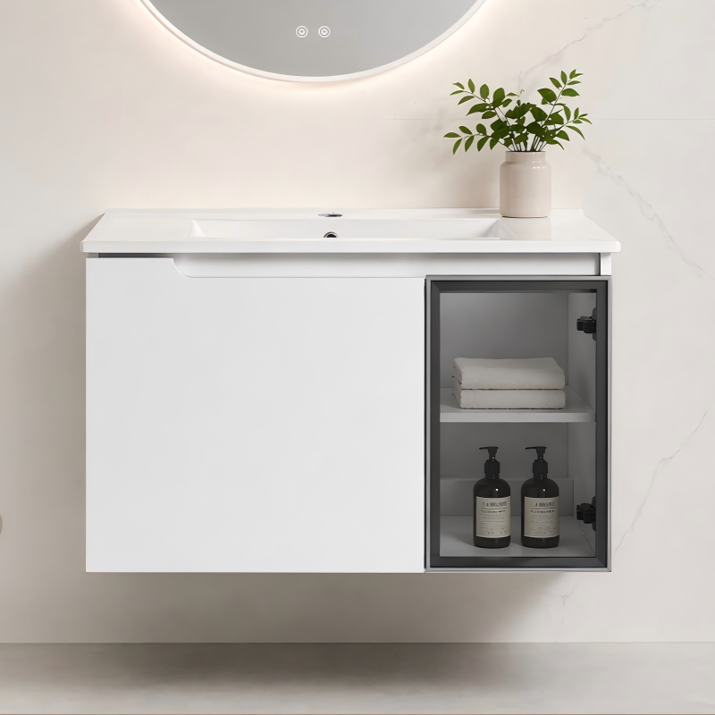 30 Wall-Mounted Bathroom Vanity With Ceramic Sink, 2-Soft Close Doors,Glossy White Vanity & Grey Glass 1 2 Door, Plywood KD-Packing