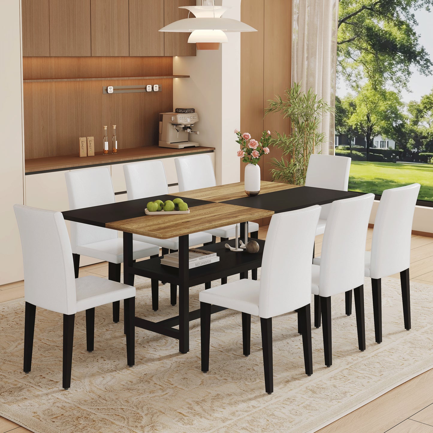 Table And Chair Set.71x35.4 Inch Wooden And Black Spliced Dining Table With Storage Function In The Middle Of The Table Legs.Paired With 8 White PU Dining Chairs, Simple And Versatile.