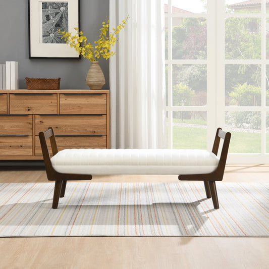 52 Mid Century Bench With Walnut Wood Leg,Channeled Upholstered Footrest Stool For Kitchen, Living Room, Bedroom, Entryway, End Of Bed. Chenille Fabric Beige