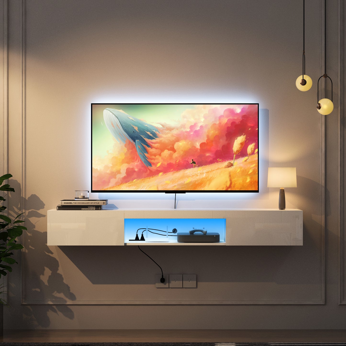 Floating TV Stand Wall Mounted With 16 Color LEDs,63 Modern TV Stand,Floating TV Cabinet Entertainment Center For 55 60 65 Inch TV,White