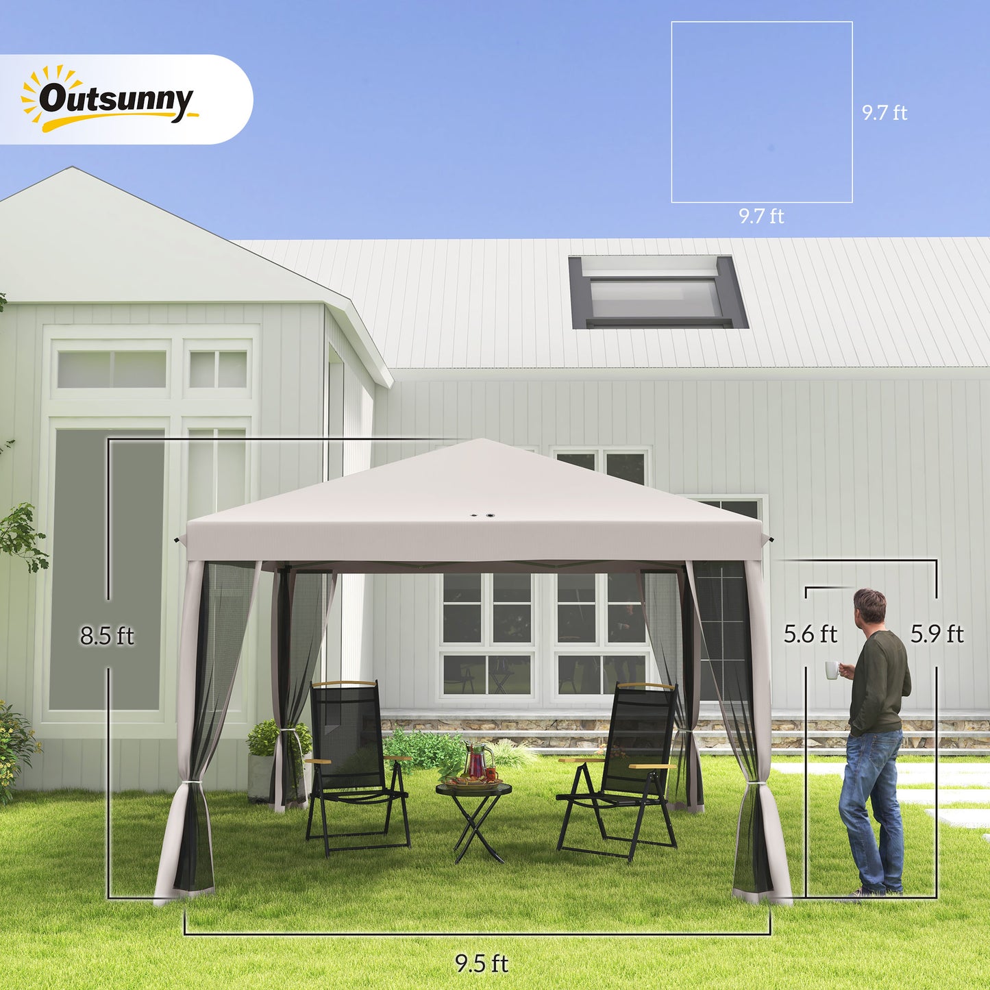 10' X 10' Pop Up Canopy Tent With Netting, Instant Gazebo, Screen House Room With Carry Bag, Height Adjustable, For Outdoor, Garden, Patio, Camping, Beige