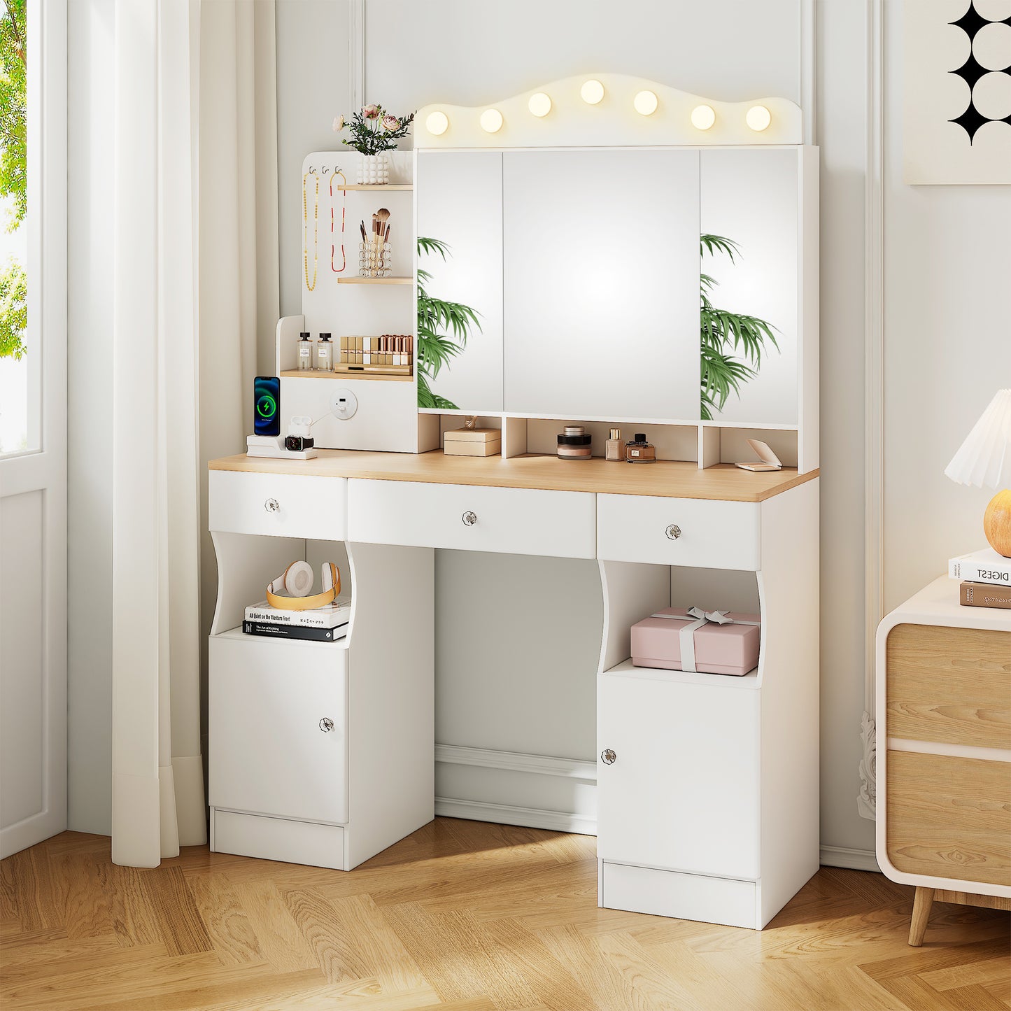 Vanity Desk With Mirror And Lights,Makeup Vanity With 2 USB Power Strip, Vanity Set With Three Drawers And Two Cabinet, 7 Lights With 3 Lights Colors, Foldable Three-sided Mirror White