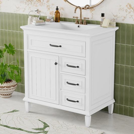 30 Inch Bathroom Vanity With Ceramic Sink Top, Solid Wood Frame, MDF & Pine Cabinet, Flip Drawers, Adjustable Shelf, And Zinc Alloy Handles, Freestanding Storage Cabinet Faucet Not Included