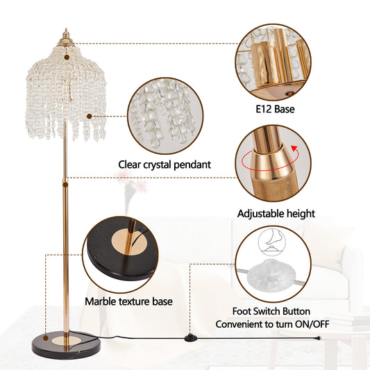 3 Light Elegant Crystal Floor Lamp Vintage Waterfall Design With Grape-Shaped Crystal Bead Strings And Marble Texture Base For Living Room, Bedroom, Or Office Bulb Not Included
